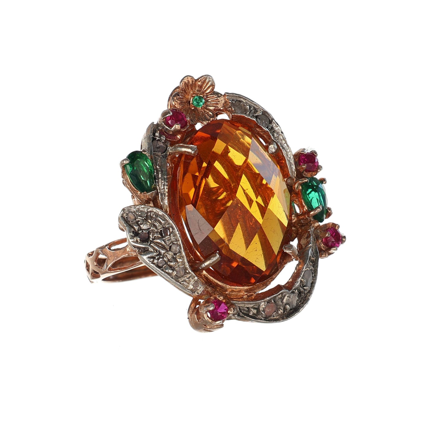 Anello Riproduzione antico con topazio giallo e smeraldi