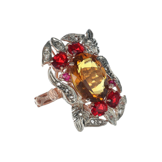 Anello Riproduzione antico con topazio giallo e rubini