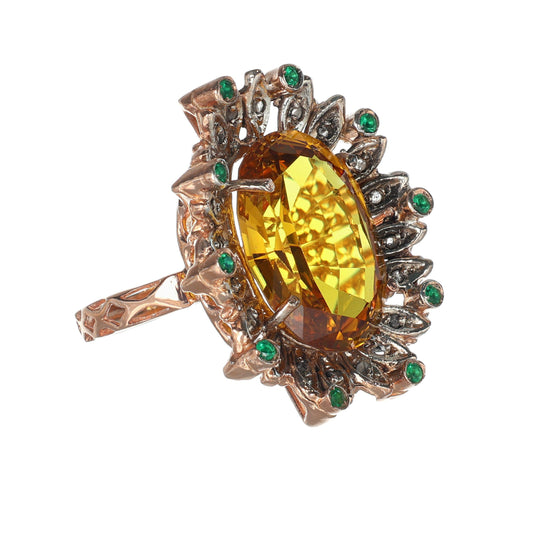 Anello Riproduzione antico con topazio giallo e smeraldi