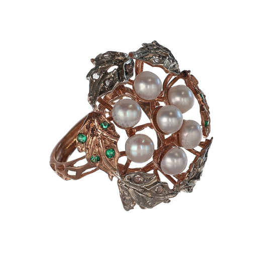 Anello Riproduzione con perle e smeraldi