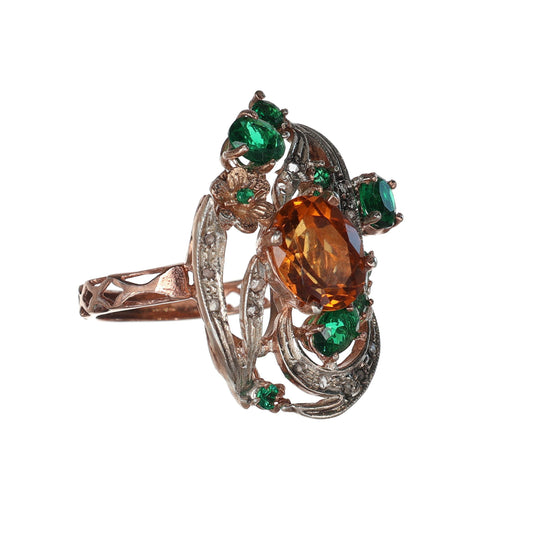 Anello Riproduzione antico con topazio giallo e smeraldi