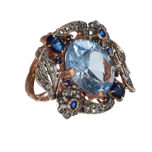 Anello Riproduzione Antico con zaffiri e topazio azzurro