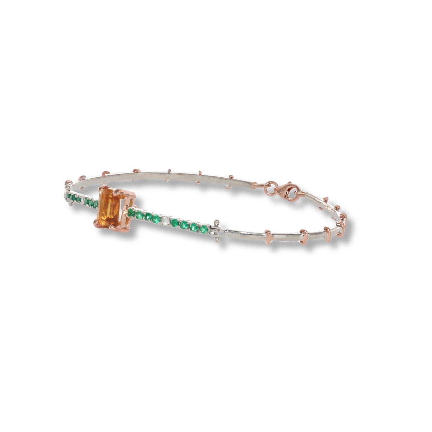 Bracciale in argento 925 e oro 9 kt stile antico con diamanti naturali e pietra idrotermale.