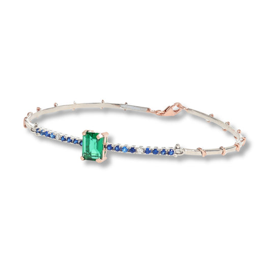 Bracciale in argento 925 e oro 9 kt stile antico con diamanti naturali e pietra idrotermale.