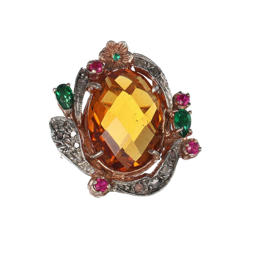 Anello Riproduzione antico con topazio giallo e smeraldi