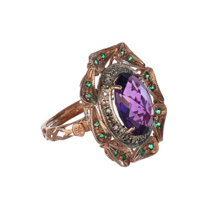 Anello Riproduzione antico con ametista e smeraldi