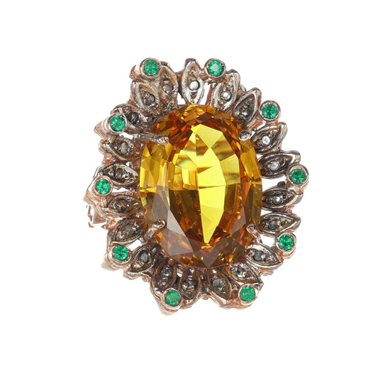 Anello Riproduzione antico con topazio giallo e smeraldi