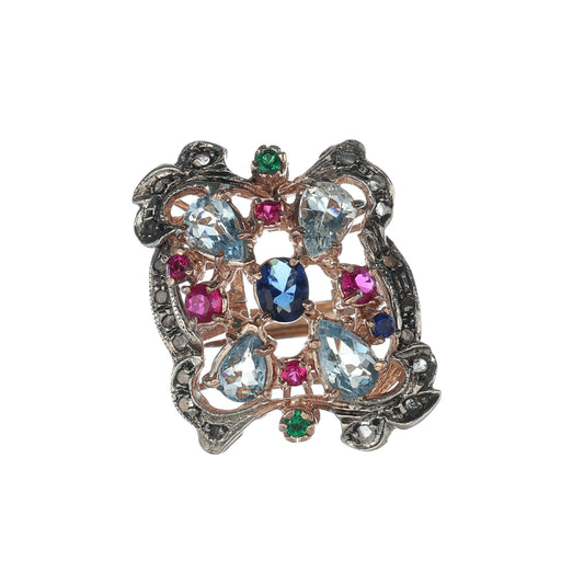Anello Riproduzione antico con pietre preziose miste