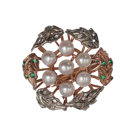 Anello Riproduzione con perle e smeraldi