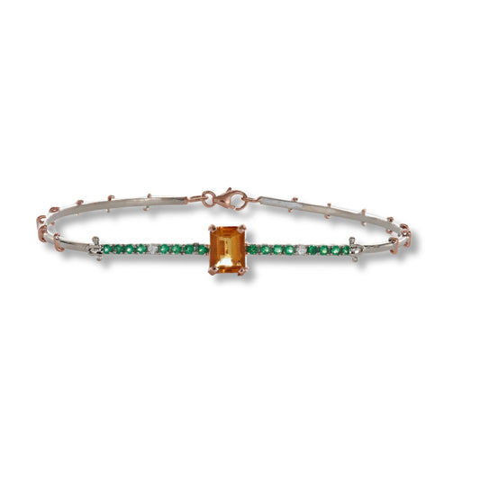 Bracciale in argento 925 e oro 9 kt stile antico con diamanti naturali e pietra idrotermale.