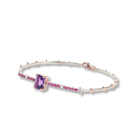 Bracciale in argento 925 e oro 9 kt stile antico con diamanti naturali e pietra idrotermale.